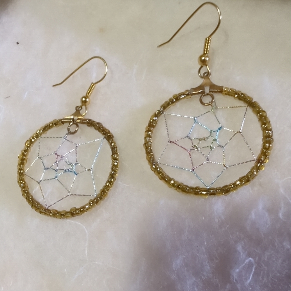 Vintage Dreamcatcher Earrings Gold Tone Colorful Metallic Cord Gold Earwires